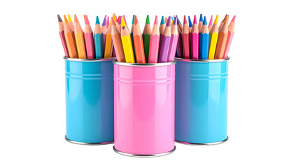 Three brightly colored pencil holders overflowing with various colored pencils
