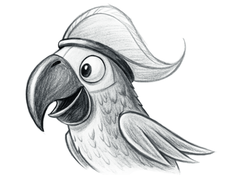 Handdrawn parrot wearing a pirate hat, isolated on transparent background, sketch style - Powered by Adobe