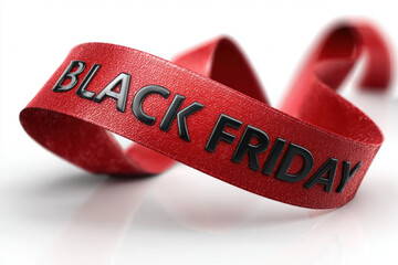 Red ribbon with BLACK FRIDAY text elegantly twists across a pristine white reflective surface. Perfect for holiday shopping, seasonal promotions, big discounts, and special offers.