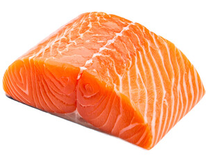 Close-up of a vibrant, orange-pink fish fillet. Fibrous texture is visible. Isolated against a dark, nearly black background