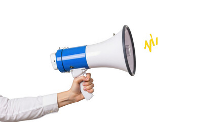 Hand holding a white and blue megaphone isolated on transparent background