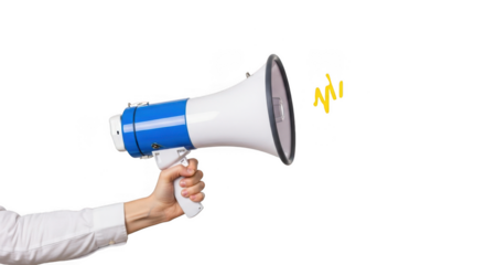 Hand holding a white and blue megaphone isolated on transparent background