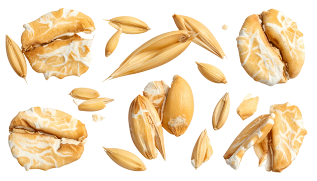 Isolated oat groats, flakes, and husks on black background