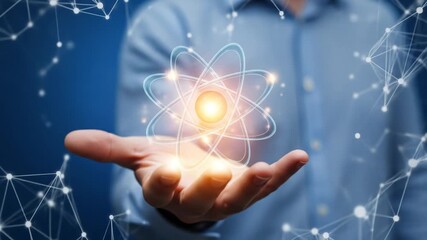 Hands holding a glowing atom, science and innovation, technological advancement in scientific