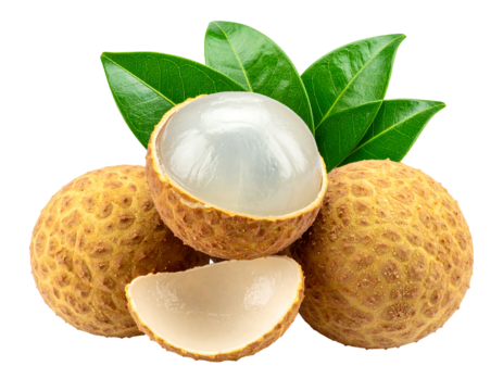 Group of lychees with bright green leaves against a dark backdrop, one peeled to show translucent fruit