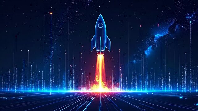 Rocket Launching into Space with Digital Lines Representing Data and Technology, Startup Concept
