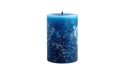 A single, textured blue pillar candle with a black wick on a stark black background