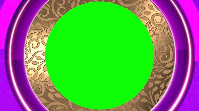 Green screen circle frame with gold pattern and purple borders motion graphic animation footage, green screen chroma key, editable green screen frame