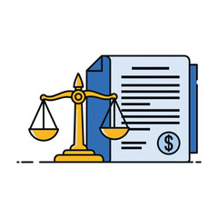 Yellow scales of justice next to a blue document with dollar sign legal document