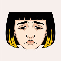 Sad cartoon woman with black bob haircut and yellow streaks illustration face