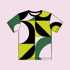 T shirt with abstract geometric pattern in green black and white clothing apparel