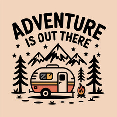 Retro camper van scene with mountains trees and campfire illustration adventure camping
