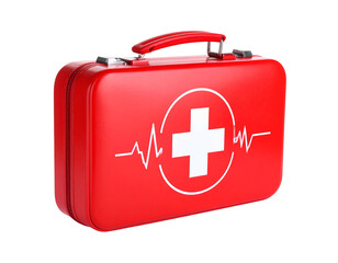 Obraz premium Red first aid kit with white plus symbol and heartbeat line on black background