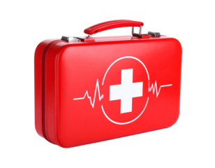 Red first aid kit with white plus symbol and heartbeat line on black background