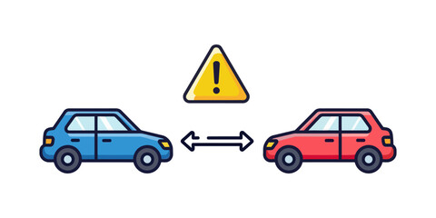 Blue and red cars with warning sign and distance arrows illustration automobile transportation