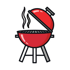 Red charcoal grill with open lid emitting steam on white background barbecue red grill