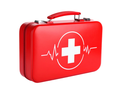 Red first aid kit with white plus symbol and heartbeat line on black background