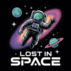 Astronaut floating in colorful galaxy with Earth and ringed planet space stars