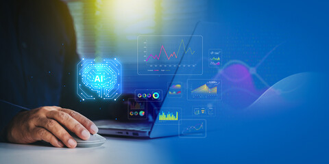 AI data analytics dashboard, business data insights, AI-powered data analysis dashboard, business strategy, Analyst or Scientist uses a computer and dashboard for analysis of information development
