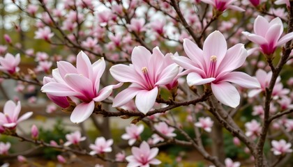 Fototapeta premium Magnolia Tree Blossoms with Pink Flowers in Springtime Garden Displaying Natural Beauty