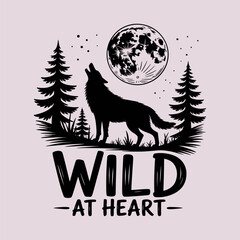 Black silhouette of a wolf howling at a full moon with pine trees and stars night