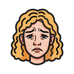 Cartoon illustration of a young woman with blonde curly hair and acne on her face looking sad