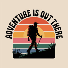 Silhouette hiker with backpack and trekking pole walking uphill against colorful sunset stripes