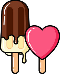 Chocolate ice cream bar and pink heart popsicle dripping vector