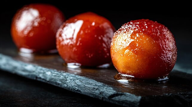 Indian gulab jamun plated on sleek Japanese slate platter