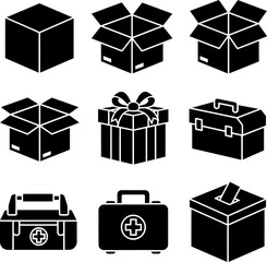 Collection of nine black and white vector icons depicting various boxes and containers