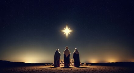 Silhouette figures, illuminated star, night sky over a desert landscape