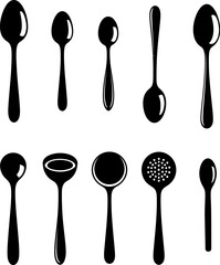 Collection of ten black silhouette kitchen spoons and ladles on white background kitchenware