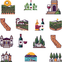 California wine country vineyard landscape winery and state outline icons vector
