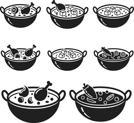 Collection of black and white icons depicting various dishes in cooking pots food meal
