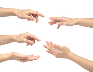 Collection of disembodied human hands reaching, touching, and open against a stark black background