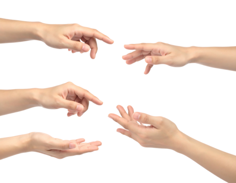 Collection of disembodied human hands reaching, touching, and open against a stark black background
