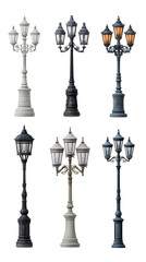 Collection of vintage street lamp posts in black white and gray, classic victorian style outdoor lighting fixtures isolated transparent background.
