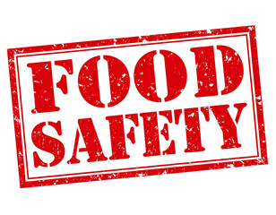 Red, textured 'FOOD SAFETY' stamp with a black background. Edges are rough, imitating a worn or handmade design