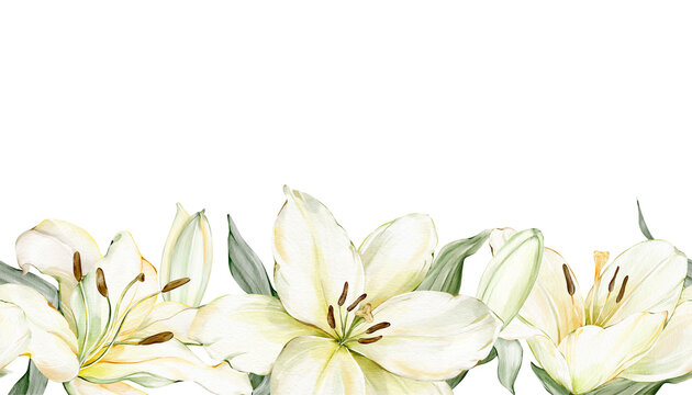 Seamless horizontal floral border with white lilies. Watercolor hand drawn isolated strip for Christian designs, baptism, wedding invitations, packaging, Easter decor, Christening, first communion.