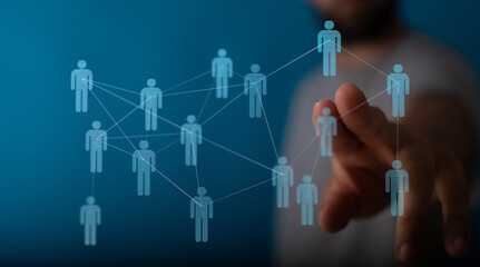 Abstract network of people linked together by lines, indicating connections and communication in a digital world. Concepts include teamwork, glo