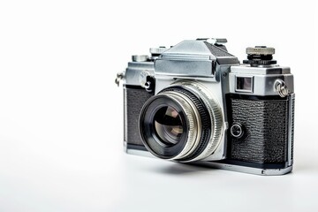 Fototapeta premium Vintage Camera: A classic, vintage camera, embodies a blend of nostalgia and the enduring appeal of photographic artistry, showcasing intricate details and design elements.