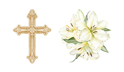 Christian cross and white lily bouquet. Watercolor isolated clipart. Religion symbol. Great for Easter, wedding design, church decor, spiritual projects, Epiphany, Christening, liturgical programs