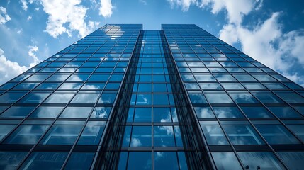 Worm's eye view of a modern glass skyscraper reflecting blue sky and clouds on a sunny day in the city