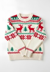 Cozy cream knitted Christmas sweater with green and red reindeer and snowflake pattern isolated on white background — festive winter holiday clothing, warm seasonal fashion, and Christmas outfit inspo