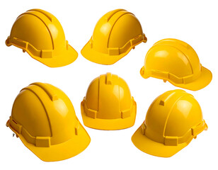 Collection of several yellow hard hats are scattered on a black backdrop; professional construction safety gear