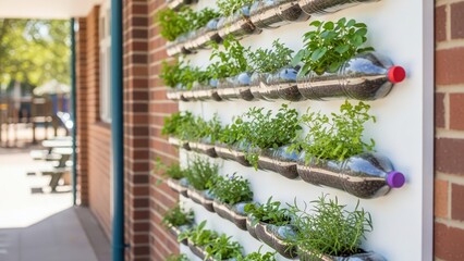 Vertical Garden Made from Recycled Plastic Bottles Growing Herbs on a Brick Wall