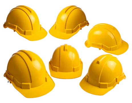 Collection of several yellow hard hats are scattered on a black backdrop; professional construction safety gear