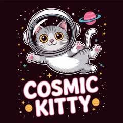 Cute cartoon cat astronaut floating in space with planets and stars kitten galaxy