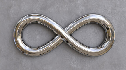 Silver chrome metal infinity symbol representing calm feeling of forever and eternity. This abstract concept of an endless loop on gray textured background creates simple design