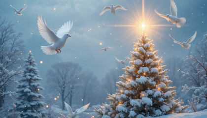 Peaceful winter landscape with white doves flying above a glowing Christmas star, serene background